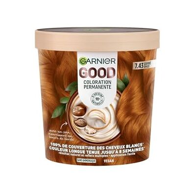 Garnier Good Permanente haarverf, koper, kruidig, 7,43, zonder ammoniak 90% ingrediënten van natuurlijke oorsprong, veganistische formule, sheaboter, 100% dekking voor wit haar Garnier Good Permanente haarverf, koper, kruidig, 7,43, zonder ammoniak 90% ingrediënten van natuurlijke oorsprong, veganistische formule, sheaboter, 100% dekking voor wit haar