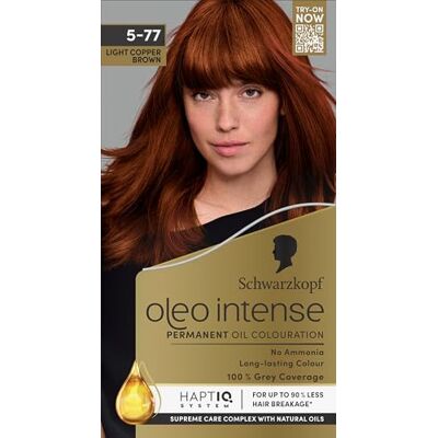 Schwarzkopf Oleo Intense permanente olieverf 5-77 licht koperbruin, 100% grijsdekking, conditioner met HaptIQ-systeem, langdurige kleuring, zonder ammoniak Schwarzkopf Oleo Intense permanente olieverf 5-77 licht koperbruin, 100% grijsdekking, conditioner met HaptIQ-systeem, langdurige kleuring, zonder ammoniak