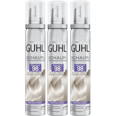 Guhl Set van 3 x 100 ml stylingschuim Kleur 98 Zilverblond Voor grijs, lichtblond, lichtblond en wit haar Zachte grip, volume en kleurglans Guhl Set van 3 x 100 ml stylingschuim Kleur 98 Zilverblond Voor grijs, lichtblond, lichtblond en wit haar Zachte grip, volume en kleurglans