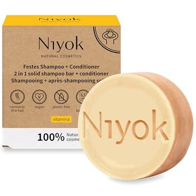 Niyok 2-in-1 shampoo en conditioner, plasticvrij, pH 5,5, veganistisch, voor normaal haar tot fijn haar, als haarzeep, natuurlijke cosmetica zonder plastic, vitamine (80 g) Niyok 2-in-1 shampoo en conditioner, plasticvrij, pH 5,5, veganistisch, voor normaal haar tot fijn haar, als haarzeep, natuurlijke cosmetica zonder plastic, vitamine (80 g)