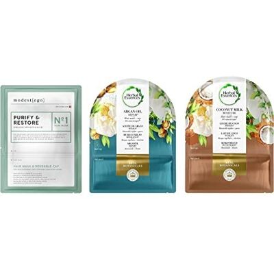 Herbal Essences Haarmaskers met voering, hydrateert en reparatie, arganolie, kokos, lang en normaal haar, 2 x 20 ml + Modest Ego, haarmasker, zuiverheid, 1 x 20 ml Herbal Essences Haarmaskers met voering, hydrateert en reparatie, arganolie, kokos, lang en normaal haar, 2 x 20 ml + Modest Ego, haarmasker, zuiverheid, 1 x 20 ml