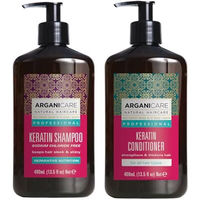 Arganicare Shampoo + keratine conditioner Regenereert het haar intensief Voorkomt en behandelt gespleten haarpunten Zacht, zijdeachtig en glanzend haar Gemaakt in Frankrijk 2 x 400 cm Arganicare Shampoo + keratine conditioner Regenereert het haar intensief Voorkomt en behandelt gespleten haarpunten Zacht, zijdeachtig en glanzend haar Gemaakt in Frankrijk 2 x 400 cm