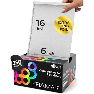 FRAMAR 500 vellen haarpapier met reliëf voor haarstrengen voor het kleuren (6 x 16 zilver) FRAMAR 500 vellen haarpapier met reliëf voor haarstrengen voor het kleuren (6 x 16 zilver)