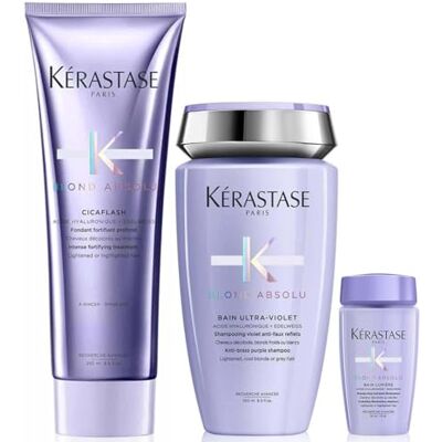 KÉRASTASE KERASTASE Blond Absolu, Ultra Violet Bain 250 ml, Cicaflash verzorging 250 ml, bad light 30 ml aangeboden, voor blond haar met verkleurd of highlights KÉRASTASE KERASTASE Blond Absolu, Ultra Violet Bain 250 ml, Cicaflash verzorging 250 ml, bad light 30 ml aangeboden, voor blond haar met verkleurd of highlights