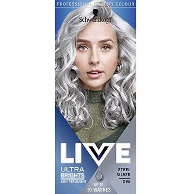 LIVE Schwarzkopf ultra brights or pastels, semi-permanente haarverf voor haar, houdt tot 15 wasbeurten, zilverstaal 098 LIVE Schwarzkopf ultra brights or pastels, semi-permanente haarverf voor haar, houdt tot 15 wasbeurten, zilverstaal 098