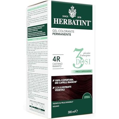 Herbatint Permanente kleurgel, 300 ml, 4R koperbruin, zonder ammoniak, voor de gevoelige huid, 100% dekking van wit haar, met 8 biologische natuurlijke extracten Herbatint Permanente kleurgel, 300 ml, 4R koperbruin, zonder ammoniak, voor de gevoelige huid, 100% dekking van wit haar, met 8 biologische natuurlijke extracten