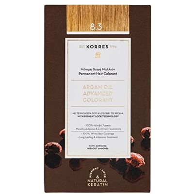 KORRES Argan Oil kleurstof – ammoniakvrije kleurstof – honingblond 8,3 – 100% grijs en veganistisch haar voor een langdurig kleurresultaat KORRES Argan Oil kleurstof – ammoniakvrije kleurstof – honingblond 8,3 – 100% grijs en veganistisch haar voor een langdurig kleurresultaat