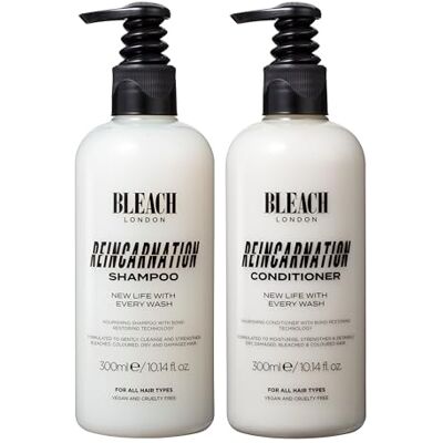 Bleach London Reincarnation Shampoo en Conditioner Bond Repair 2 x 300 ml Bond herstel voor droog, beschadigd, gebleekt of gekleurd haar. Versterkt met creatine en aminozuren. Ammoniakvrij. Bleach London Reincarnation Shampoo en Conditioner Bond Repair 2 x 300 ml Bond herstel voor droog, beschadigd, gebleekt of gekleurd haar. Versterkt met creatine en aminozuren. Ammoniakvrij.