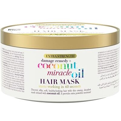 OGX Extra sterk haarmasker met remedie + kokosolie Miracle Oil (300 ml potje) – haarverzorging met kokosolie voor beschadigd haar – hydraterend masker zonder parabenen OGX Extra sterk haarmasker met remedie + kokosolie Miracle Oil (300 ml potje) – haarverzorging met kokosolie voor beschadigd haar – hydraterend masker zonder parabenen