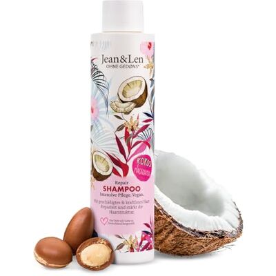 Jean & Len Repair Shampoo Kokosolie & Macadamia voor beschadigd en krachtig haar, voorkomt vochtverlies, herstelt haarschade, kokosnootgeur, parabenen en siliconen, veganistisch 300 ml Pour les cheveux abîmés et sans force, prévient la perte d'hydratati Jean & Len Repair Shampoo Kokosolie & Macadamia voor beschadigd en krachtig haar, voorkomt vochtverlies, herstelt haarschade, kokosnootgeur, parabenen en siliconen, veganistisch 300 ml Pour les cheveux abîmés et sans force, prévient la perte d'hydratati