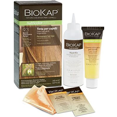 BIOKAP Nutricolor Delicate, haarkleur 9.3 lichtblond, goudkleurig, ammoniakvrije haarkleur die het haar zacht en glanzend maakt, haarkleur met natuurlijke kleuren, 140 ml.. BIOKAP Nutricolor Delicate, haarkleur 9.3 lichtblond, goudkleurig, ammoniakvrije haarkleur die het haar zacht en glanzend maakt, haarkleur met natuurlijke kleuren, 140 ml..