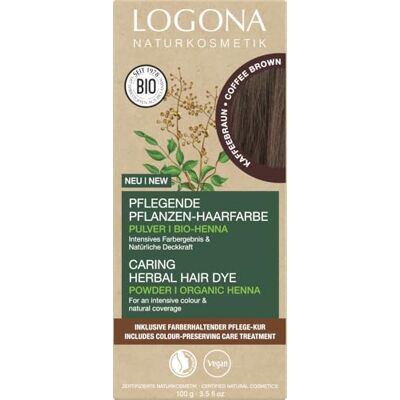 LOGONA Naturkosmetik Voedende plantaardige haarverf, veganistisch poeder met biologische henna voor intensieve kleur en glans, plantaardige kleur in koffie (bruin), 1 x 100 g LOGONA Naturkosmetik Voedende plantaardige haarverf, veganistisch poeder met biologische henna voor intensieve kleur en glans, plantaardige kleur in koffie (bruin), 1 x 100 g