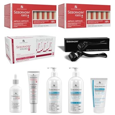 SEBORADIN Maria Red Set Derma Roller Sterke ampullen Fitocell Serum Nachtserum Enzymatische scrub Shampoo Vochtinbrengende balsem Haarcrème SEBORADIN Maria Red Set Derma Roller Sterke ampullen Fitocell Serum Nachtserum Enzymatische scrub Shampoo Vochtinbrengende balsem Haarcrème