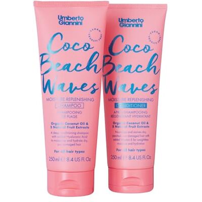 Umberto Giannini Coco Beach Waves Hydraterende shampoo zonder kokossulfaat, 250 ml en verzorgende conditioner 250 ml, stimuleert droog en door de zon beschadigd haar Umberto Giannini Coco Beach Waves Hydraterende shampoo zonder kokossulfaat, 250 ml en verzorgende conditioner 250 ml, stimuleert droog en door de zon beschadigd haar