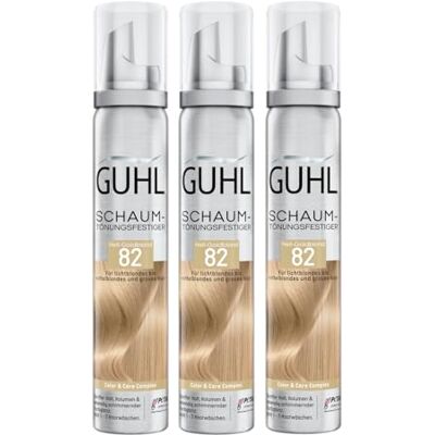 Guhl 3 x 100 ml stylingschuim, kleur 82, lichtgoudblond, voor lichtblond en middenblond en grijs haar, zachte grip, volume en kleurglans Guhl 3 x 100 ml stylingschuim, kleur 82, lichtgoudblond, voor lichtblond en middenblond en grijs haar, zachte grip, volume en kleurglans