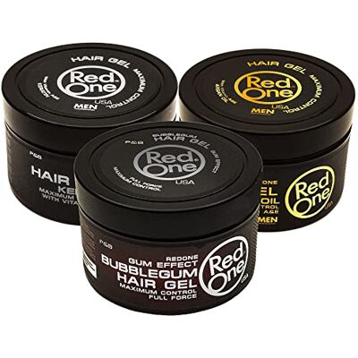Redone Red One haarstyling gel keratine, argan en bubble-gum in totaal 1350 ml set van 3 potjes gel set Redone Red One haarstyling gel keratine, argan en bubble-gum in totaal 1350 ml set van 3 potjes gel set