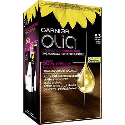 Garnier Permanente haarkleur, zonder ammoniak, met natuurlijke bloemolie, lichtbruin, goudkleurig (5,3), Olia Garnier Permanente haarkleur, zonder ammoniak, met natuurlijke bloemolie, lichtbruin, goudkleurig (5,3), Olia