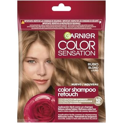 Garnier Color Shampoo Retouch Permanente Haarverf, blond, 100% dekking voor wit haar, houdt tot 4 weken Garnier Color Shampoo Retouch Permanente Haarverf, blond, 100% dekking voor wit haar, houdt tot 4 weken