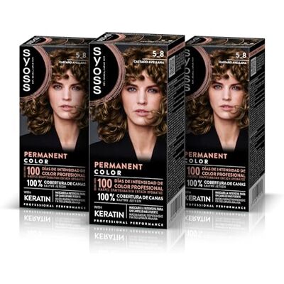 Syoss Permanent Color 5-8 hazelnootbruin, haarkleuring en intensief keratine masker, voor professionele dekking van wit haar, langdurige kleur en intensieve verzorging, 3 stuks Syoss Permanent Color 5-8 hazelnootbruin, haarkleuring en intensief keratine masker, voor professionele dekking van wit haar, langdurige kleur en intensieve verzorging, 3 stuks
