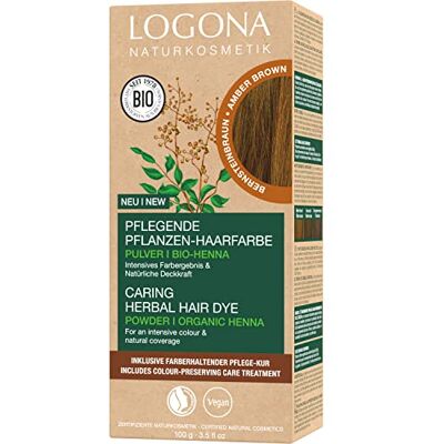 LOGONA Naturkosmetik Voedende plantaardige haarverf, veganistisch poeder met biologische henna voor intensieve kleur en glans, plantaardige kleur in amberbruin (bruin), 1 x 100 g LOGONA Naturkosmetik Voedende plantaardige haarverf, veganistisch poeder met biologische henna voor intensieve kleur en glans, plantaardige kleur in amberbruin (bruin), 1 x 100 g