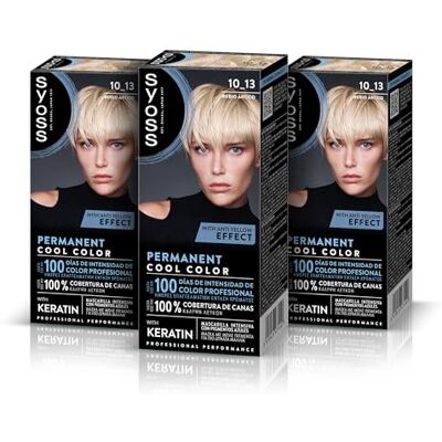 Syoss Permanent Cool Color 10-13 arctisch blond, permanente keratine-kleuring, anti-geel effect, 100% dekking van wit haar en tot 100 dagen professionele intensiteit, 3 stuks Syoss Permanent Cool Color 10-13 arctisch blond, permanente keratine-kleuring, anti-geel effect, 100% dekking van wit haar en tot 100 dagen professionele intensiteit, 3 stuks