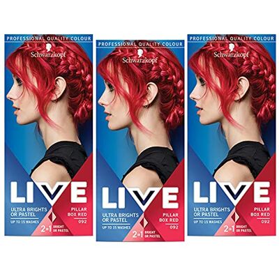LIVE Schwarzkopf Ultra Brights or Pastel 2-in-1 semi-permanente haarkleur tot 15 wasbeurten 092 intens rood, 3 stuks (3 x 142 ml) LIVE Schwarzkopf Ultra Brights or Pastel 2-in-1 semi-permanente haarkleur tot 15 wasbeurten 092 intens rood, 3 stuks (3 x 142 ml)