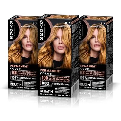 Syoss Permanent Color 8-7 goudblond karamel haarkleuring en keratine masker voor professionele dekking van wit haar, langdurige kleur en intensieve verzorging, 3 stuks Syoss Permanent Color 8-7 goudblond karamel haarkleuring en keratine masker voor professionele dekking van wit haar, langdurige kleur en intensieve verzorging, 3 stuks