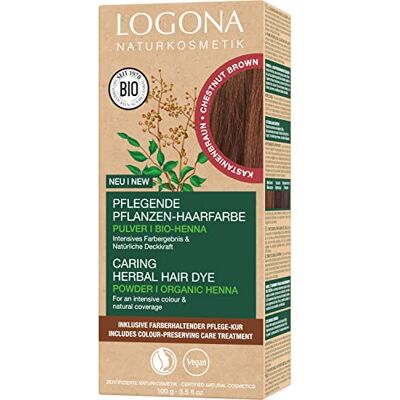 LOGONA Naturkosmetik Voedende plantaardige haarverf, veganistisch poeder met biologische henna voor intensieve kleur en glans, plantaardige kleur in kastanje (bruin), 1 x 100 g LOGONA Naturkosmetik Voedende plantaardige haarverf, veganistisch poeder met biologische henna voor intensieve kleur en glans, plantaardige kleur in kastanje (bruin), 1 x 100 g