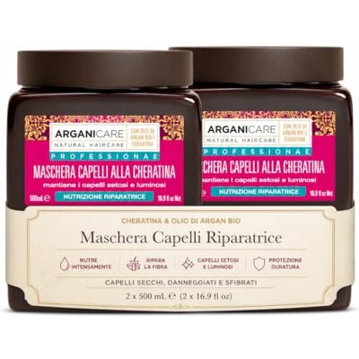 Arganicare Keratine-serie, herstellend en voedzaam masker, biologische keratine, versterkt en regenereert de interne vezels, droog en beschadigd haar, verpakking van 2 x 500 ml Arganicare Keratine-serie, herstellend en voedzaam masker, biologische keratine, versterkt en regenereert de interne vezels, droog en beschadigd haar, verpakking van 2 x 500 ml
