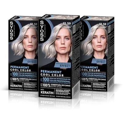 Syoss Permanent Cool Color 12-59, platinablond, asblond, haarverf en intensief keratinemasker voor professionele dekking van wit haar, langdurige kleur, 3 stuks Syoss Permanent Cool Color 12-59, platinablond, asblond, haarverf en intensief keratinemasker voor professionele dekking van wit haar, langdurige kleur, 3 stuks