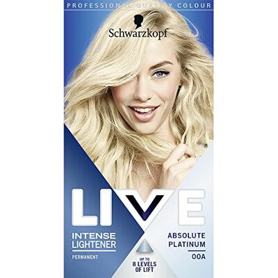LIVE Schwarzkopf Intense Lightener, permanente haarkleur voor blond haar, met verhelderende olie-booster, tilt het haar tot 8 niveaus absoluut platina 00A LIVE Schwarzkopf Intense Lightener, permanente haarkleur voor blond haar, met verhelderende olie-booster, tilt het haar tot 8 niveaus absoluut platina 00A