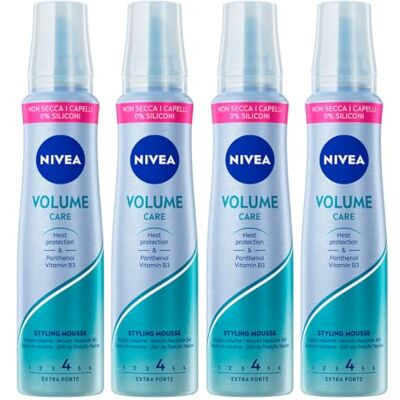 NIVEA Styling schuim volume schuim voor haar, dubbel volume van het haar, volume, fixeerbaar, lange houdbaarheid, zonder te knipperen, 4 flessen van 150 ml NIVEA Styling schuim volume schuim voor haar, dubbel volume van het haar, volume, fixeerbaar, lange houdbaarheid, zonder te knipperen, 4 flessen van 150 ml