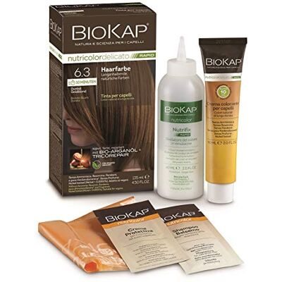 BIOKAP Rapid 6.3 Permanente haarkleur donkergoudblond inwerktijd slechts 10 minuten biologische arganolie TricoREPAIR complex veganistisch optimale dekking van wit haar BIOKAP Rapid 6.3 Permanente haarkleur donkergoudblond inwerktijd slechts 10 minuten biologische arganolie TricoREPAIR complex veganistisch optimale dekking van wit haar