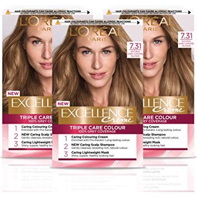L'ORÉAL Paris Excellence Permanente haarverf, stralend, At-Home dekt tot 100% grijs, pro-keratine, tot 8 weken kleur, 3 stuks, kleur: donker karamelblond natuur 7,31 L'ORÉAL Paris Excellence Permanente haarverf, stralend, At-Home dekt tot 100% grijs, pro-keratine, tot 8 weken kleur, 3 stuks, kleur: donker karamelblond natuur 7,31