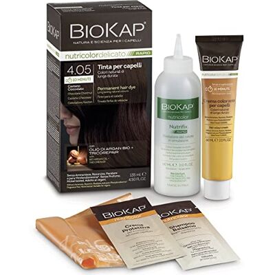 BIOKAP Rapid Permanente haarverf 4.05 chocolade kastanje inwerktijd slechts 10 minuten biologische arganolie TricoREPAIR complex veganistisch optimale haardekking BIOKAP Rapid Permanente haarverf 4.05 chocolade kastanje inwerktijd slechts 10 minuten biologische arganolie TricoREPAIR complex veganistisch optimale haardekking