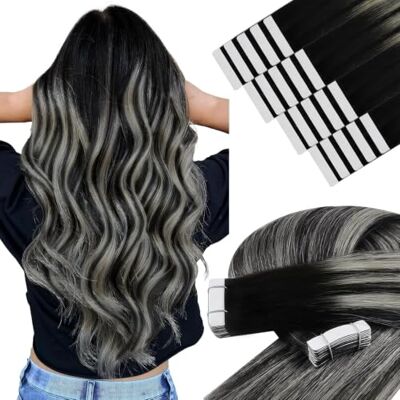 YoungSee Haarverlenging, echt haar, zwart, balayage, met plakband, onzichtbaar, 50 cm, zwart op zilver, 20 stuks, 20 stuks, 50 g YoungSee Haarverlenging, echt haar, zwart, balayage, met plakband, onzichtbaar, 50 cm, zwart op zilver, 20 stuks, 20 stuks, 50 g