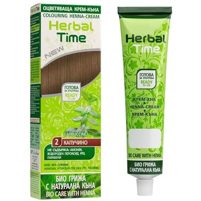 Herbal Time Haarkleurcrème met henna, natuurlijk, dekt wit haar, semi-permanente haarkleur, zonder ammoniak, zonder sulfaten en zonder parabenen, cappuccino 2, 75 ml Crème colorante végétale, coloration semi-permanente, couvre les cheveux blancs, prête Herbal Time Haarkleurcrème met henna, natuurlijk, dekt wit haar, semi-permanente haarkleur, zonder ammoniak, zonder sulfaten en zonder parabenen, cappuccino 2, 75 ml Crème colorante végétale, coloration semi-permanente, couvre les cheveux blancs, prête