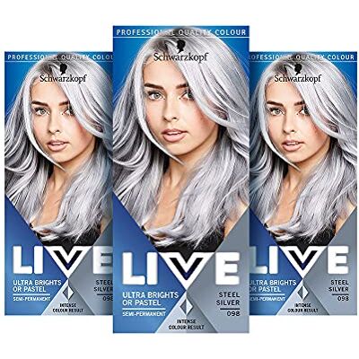 LIVE Schwarzkopf Ultra Bright of Pastel Grey haarverf, pack van 3, de semi-permanente kleur gaat tot 15 wasbeurten mee 098 Silver Steel LIVE Schwarzkopf Ultra Bright of Pastel Grey haarverf, pack van 3, de semi-permanente kleur gaat tot 15 wasbeurten mee 098 Silver Steel