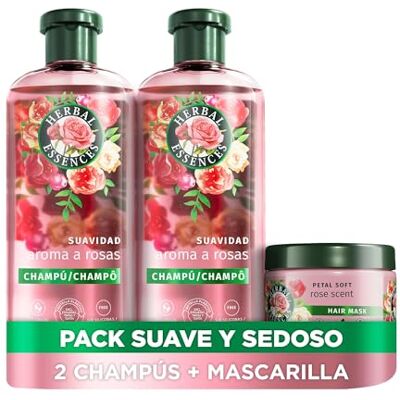 Herbal Essences Rozengeurshampoo 2 x 350 ml + masker 500 ml. Helpt droog haar te verzachten en te hydrateren. Met rozenessentie van natuurlijke oorsprong Herbal Essences Rozengeurshampoo 2 x 350 ml + masker 500 ml. Helpt droog haar te verzachten en te hydrateren. Met rozenessentie van natuurlijke oorsprong
