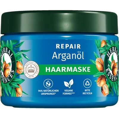 Herbal Essences Repair Haarmasker met arganolie, 300 ml, van beschadigd haar tot soepeler en glanzend haar, intensieve verzorging, met ingrediënten van natuurlijke oorsprong, veganistisch Herbal Essences Repair Haarmasker met arganolie, 300 ml, van beschadigd haar tot soepeler en glanzend haar, intensieve verzorging, met ingrediënten van natuurlijke oorsprong, veganistisch