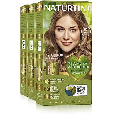 Naturtint Biobased, ammoniakvrije kleuring, 100% dekking van wit haar, plantaardige ingrediënten, natuurlijke en duurzame kleur, 8N tarweblond, 3 stuks Naturtint Biobased, ammoniakvrije kleuring, 100% dekking van wit haar, plantaardige ingrediënten, natuurlijke en duurzame kleur, 8N tarweblond, 3 stuks