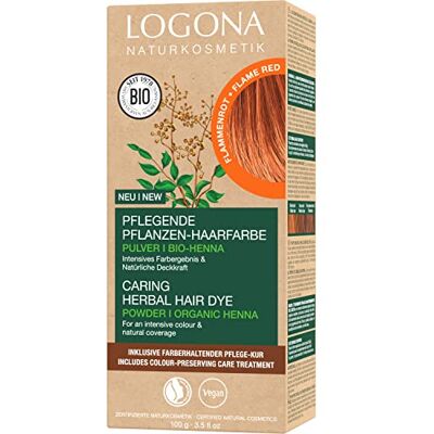 LOGONA Naturkosmetik Voedende plantaardige kleuring, veganistisch, met biologische henna voor intensieve kleur en intense glans, vlamrood, 100 g LOGONA Naturkosmetik Voedende plantaardige kleuring, veganistisch, met biologische henna voor intensieve kleur en intense glans, vlamrood, 100 g