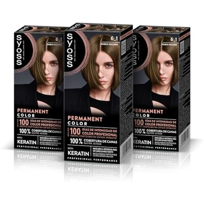 Syoss Permanent Color 6-1 donkerblond, haarkleuring en intensief keratine masker, voor professionele dekking van wit haar, langdurige kleur en intensieve verzorging, 3 stuks Syoss Permanent Color 6-1 donkerblond, haarkleuring en intensief keratine masker, voor professionele dekking van wit haar, langdurige kleur en intensieve verzorging, 3 stuks