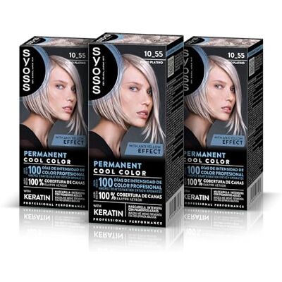 Syoss Permanent Cool Color 10-55 platinablond, matterend haar en intensief keratine masker voor professionele dekking van wit haar, langdurige kleur, 3 stuks Syoss Permanent Cool Color 10-55 platinablond, matterend haar en intensief keratine masker voor professionele dekking van wit haar, langdurige kleur, 3 stuks