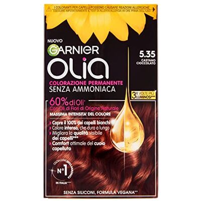 Garnier Olia Haarverf, permanente haarkleur zonder ammoniak, dekt 100% van het witte haar, met bloemolie van natuurlijke oorsprong, veganistische formule, chocoladebruin Garnier Olia Haarverf, permanente haarkleur zonder ammoniak, dekt 100% van het witte haar, met bloemolie van natuurlijke oorsprong, veganistische formule, chocoladebruin