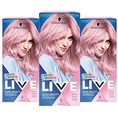 LIVE Schwarzkopf Pretty Pastels Pink Gold haarverf, pack van 3, de semi-permanente kleur gaat tot 8 wasbeurten mee P123 Pink Gold LIVE Schwarzkopf Pretty Pastels Pink Gold haarverf, pack van 3, de semi-permanente kleur gaat tot 8 wasbeurten mee P123 Pink Gold