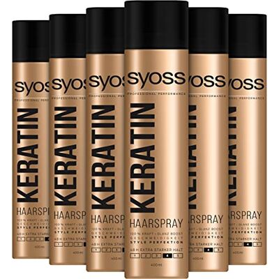 Syoss Keratine haarspray niveau 4 (6 x 400 ml), extra sterke lak voor maximale stylingcontrole tot 48 uur, zorgt voor glans, soepelheid en uv-bescherming Syoss Keratine haarspray niveau 4 (6 x 400 ml), extra sterke lak voor maximale stylingcontrole tot 48 uur, zorgt voor glans, soepelheid en uv-bescherming