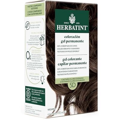 Herbatint Permanente haarkleurgel 5D lichtbruin goud 170 ml ammoniakvrij, optimale dekking van wit haar, veganistische formule, met 8 biologische plantenextracten Herbatint Permanente haarkleurgel 5D lichtbruin goud 170 ml ammoniakvrij, optimale dekking van wit haar, veganistische formule, met 8 biologische plantenextracten