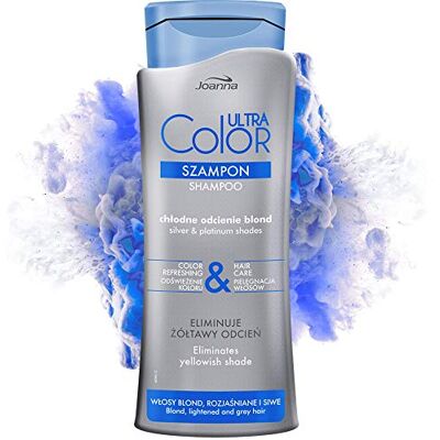 Joanna Ultra Color Shampoo voor zilver en platina, revitaliserende en versterkende shampoo, haarverzorging en glans, neutraliseert geelachtige tinten, shampoo voor dof haar Joanna Ultra Color Shampoo voor zilver en platina, revitaliserende en versterkende shampoo, haarverzorging en glans, neutraliseert geelachtige tinten, shampoo voor dof haar