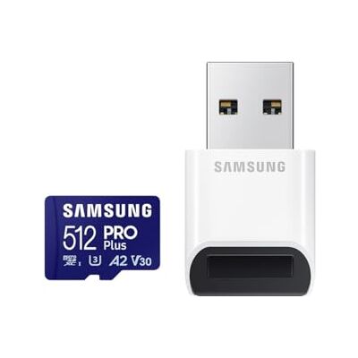 Samsung Pro Plus 512 GB microSD-kaart + USB-kaartlezer voor mobiele games op smartphones, tablets en draagbare consoles, UHS-I U3, Full HD & 4K UHD, 180 MB/s lezen, 130 MB/s schrijven Samsung Pro Plus 512 GB microSD-kaart + USB-kaartlezer voor mobiele games op smartphones, tablets en draagbare consoles, UHS-I U3, Full HD & 4K UHD, 180 MB/s lezen, 130 MB/s schrijven